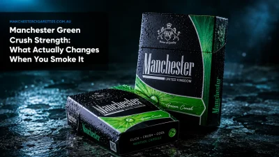 Manchester Green Crush cigarette pack with menthol capsule, strength and cooling hit