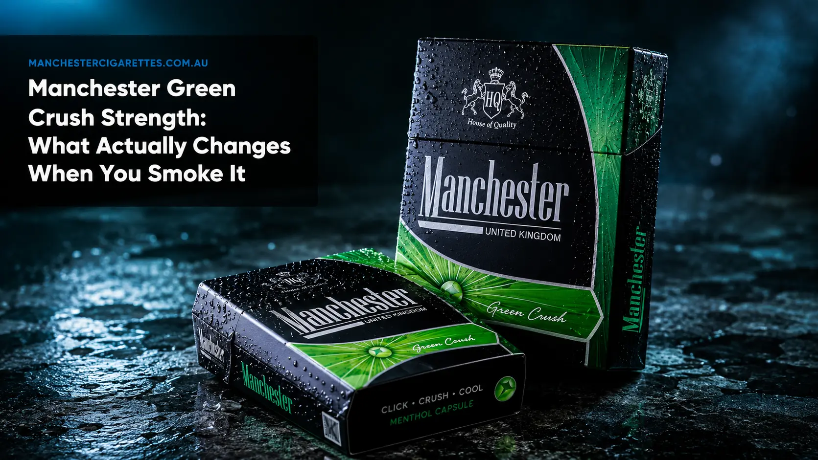 Manchester Green Crush cigarette pack with menthol capsule, strength and cooling hit