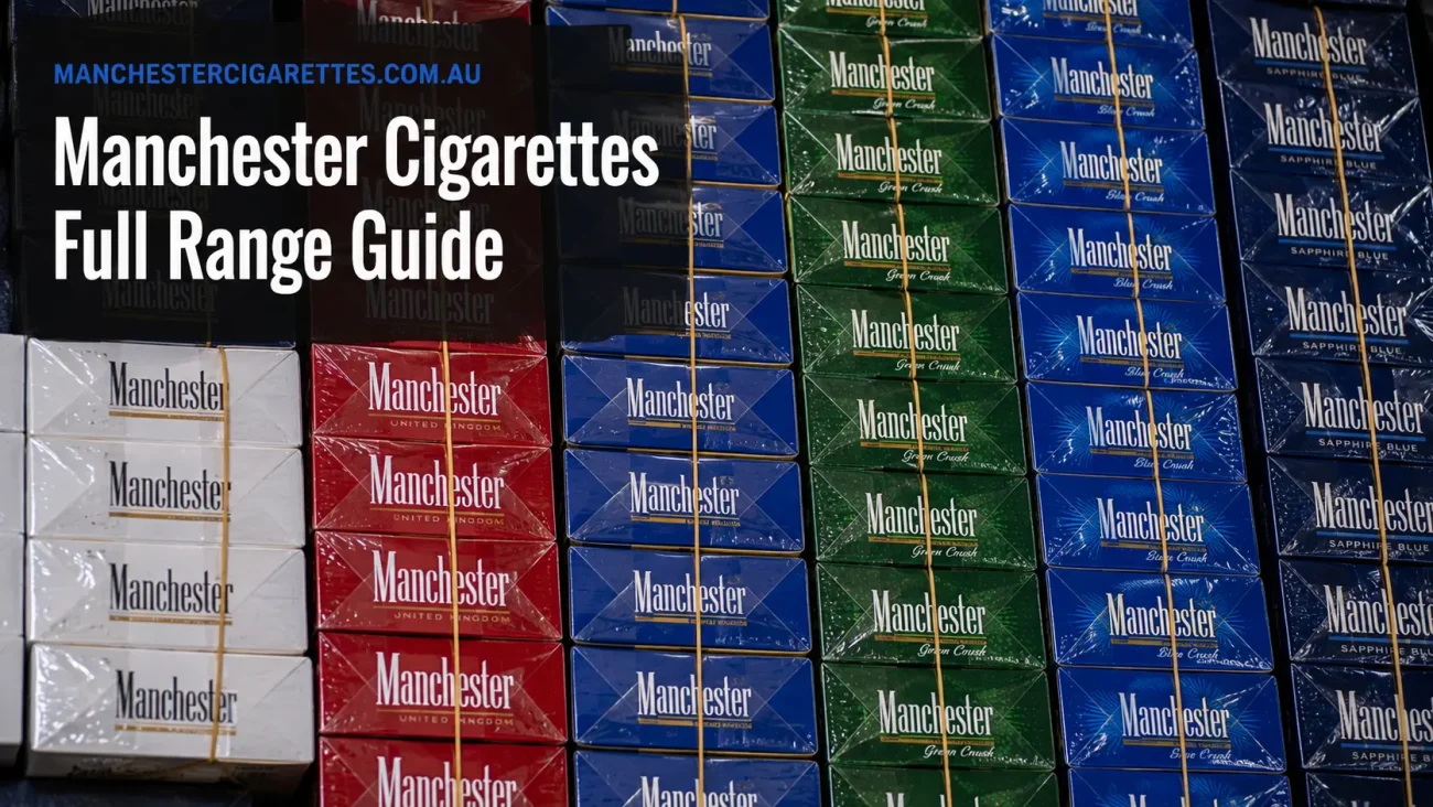 Assorted Manchester cigarette cartons arranged by variant, including Blue, Green Crush, Sapphire Blue, Red and White, for a full range comparison guide.